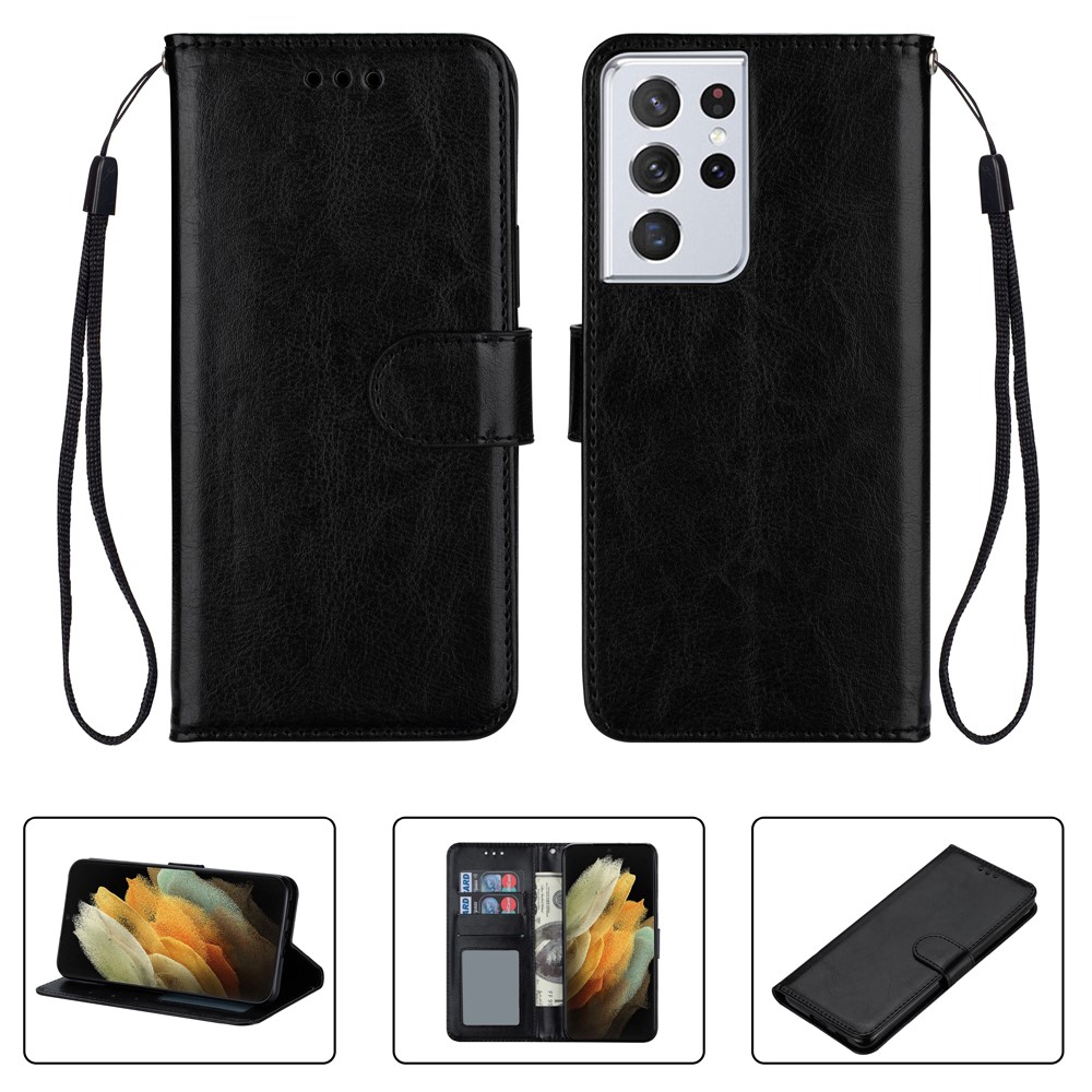 Solid Color Crazy Horse Texture Leather Stand Wallet Cover for Samsung Galaxy S21 Ultra 5G - Black-1