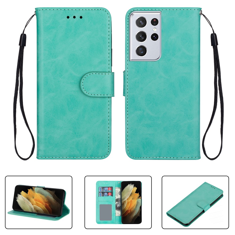 Solid Color Crazy Horse Texture Leather Stand Wallet Cover for Samsung Galaxy S21 Ultra 5G - Cyan-1