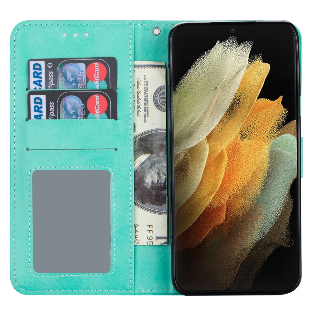 Solid Color Crazy Horse Texture Leather Stand Wallet Cover for Samsung Galaxy S21 Ultra 5G - Cyan-4