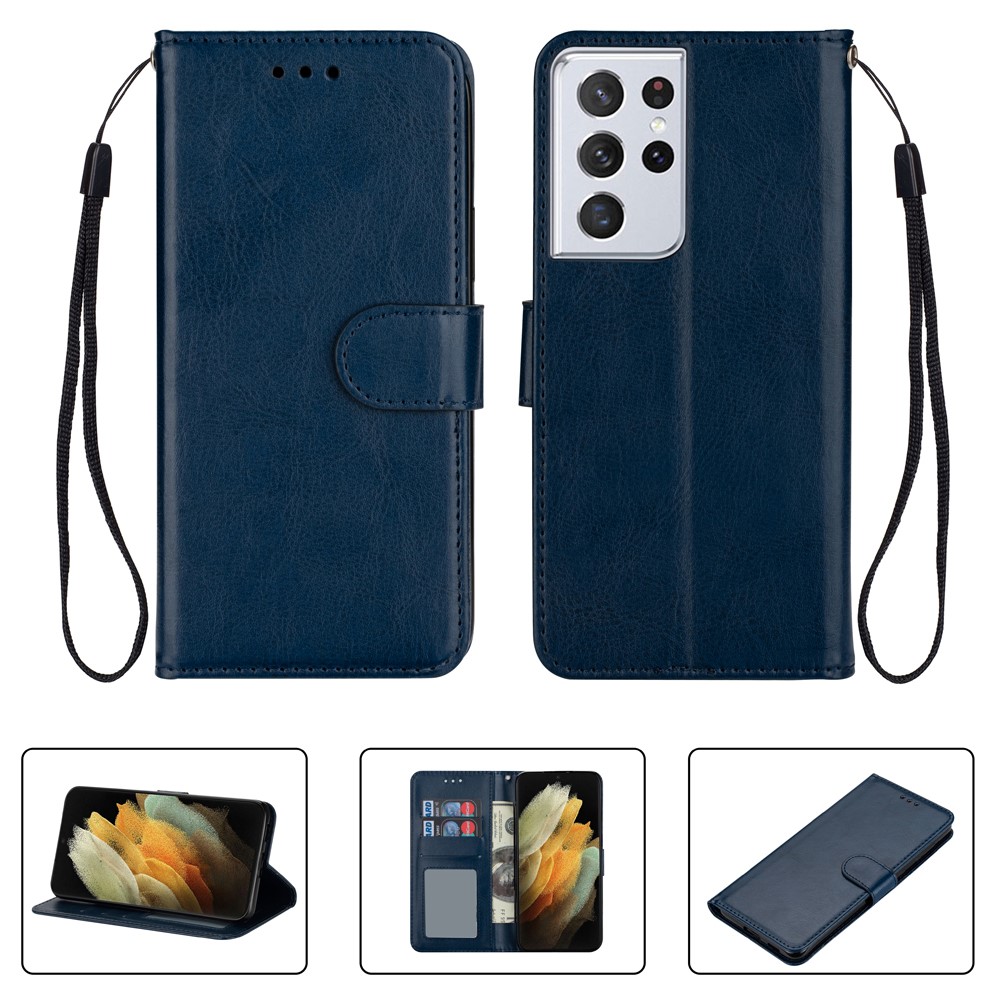 Solid Color Crazy Horse Texture Leather Stand Wallet Cover for Samsung Galaxy S21 Ultra 5G - Blue-1