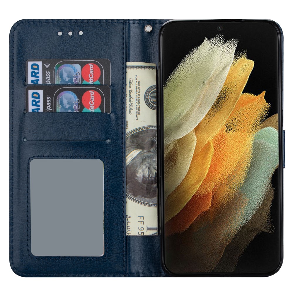 Solid Color Crazy Horse Texture Leather Stand Wallet Cover for Samsung Galaxy S21 Ultra 5G - Blue-4