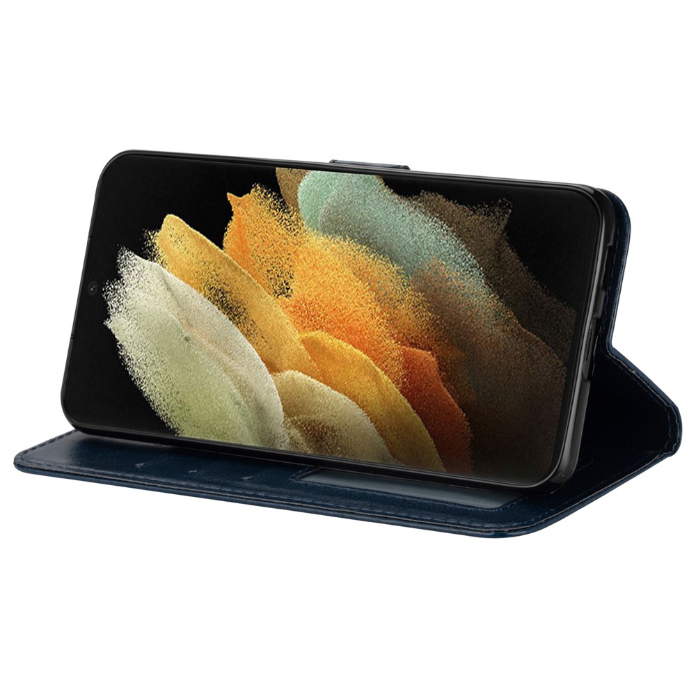 Solid Color Crazy Horse Texture Leather Stand Wallet Cover for Samsung Galaxy S21 Ultra 5G - Blue-5