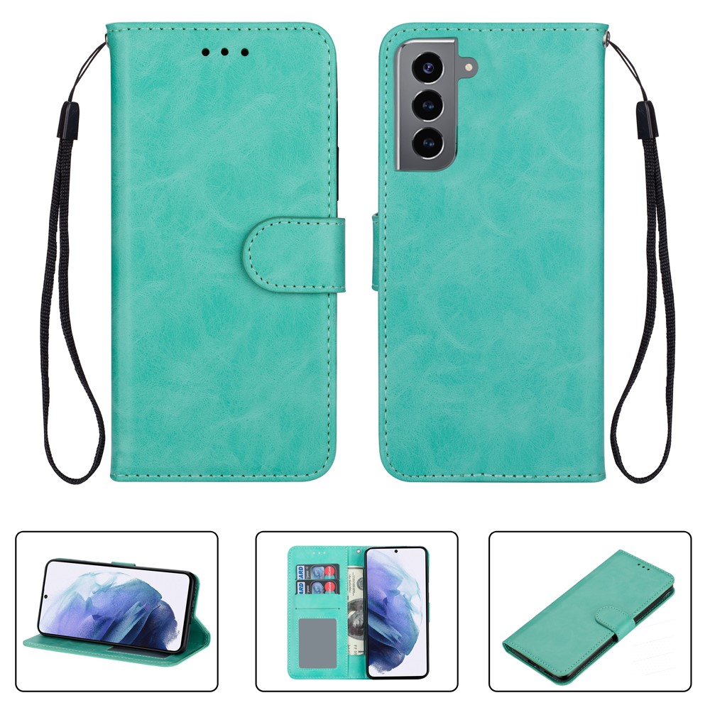 Solid Color Crazy Horse Texture Leather Stand Wallet Shell for Samsung Galaxy S21 5G - Cyan-1