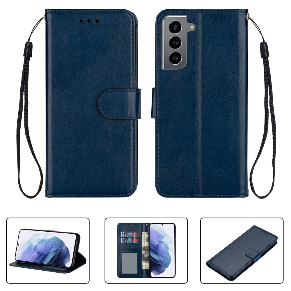 Solid Color Crazy Horse Texture Leather Stand Wallet Shell for Samsung Galaxy S21 5G - Blue-1