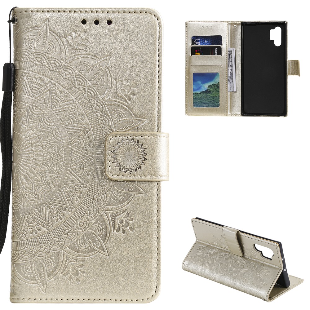 Imprinted Mandala Flower Wallet Leather Case with Strap for Samsung Galaxy A32 5G - Gold-1