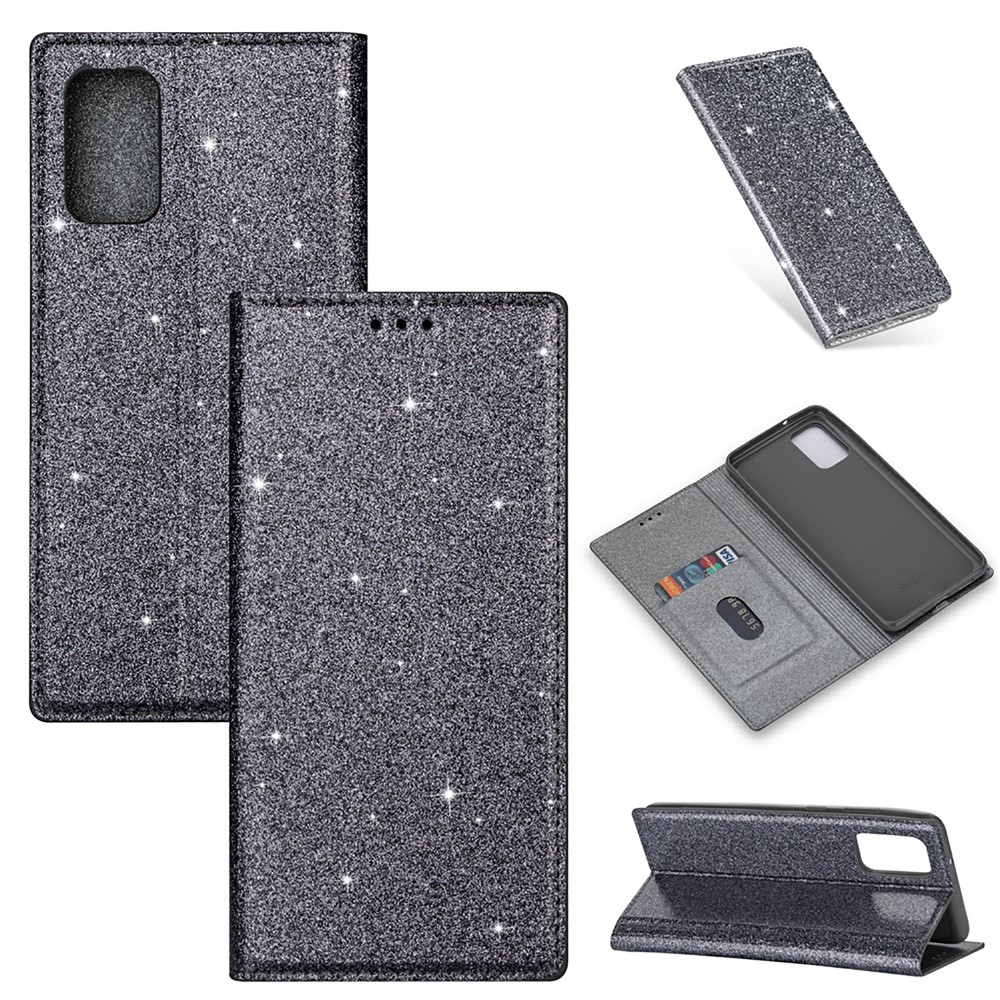 Flash Powder Auto-absorbed Leather Shell for Samsung Galaxy M51 Stand Case - Grey-1