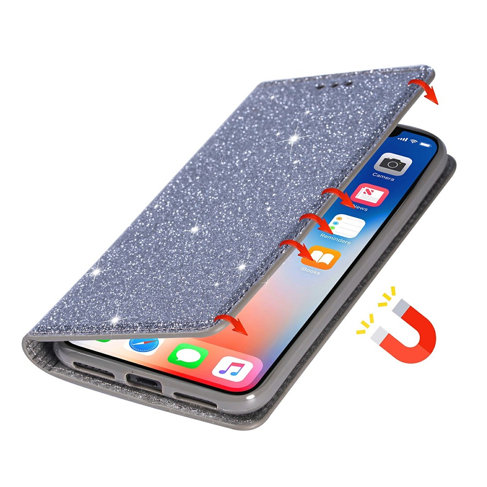 Flash Powder Auto-absorbed Leather Shell for Samsung Galaxy M51 Stand Case - Grey-8