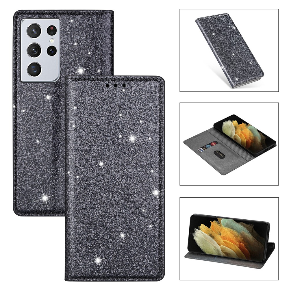 Flash Powder Auto-absorbed Ultra-thin Leather Shell for Samsung Galaxy S21 Ultra 5G - Grey-1