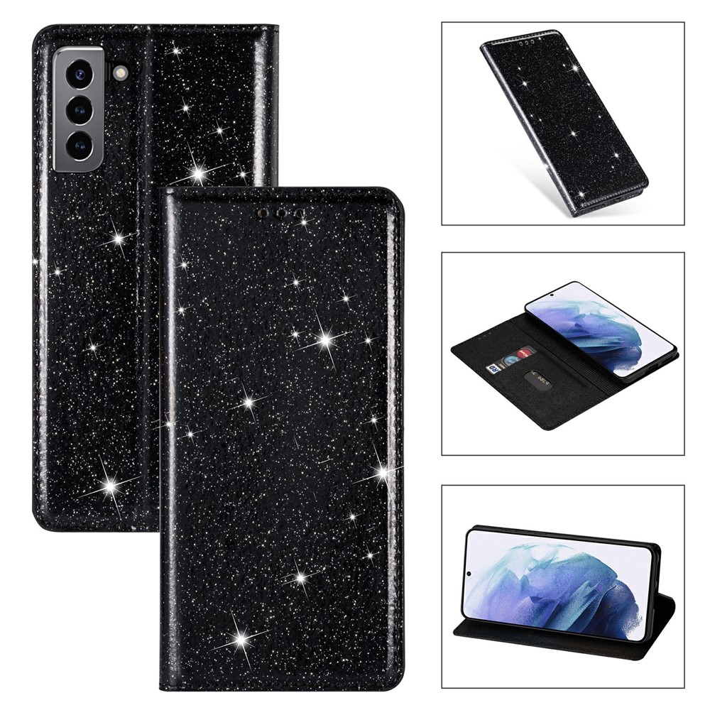 For Samsung Galaxy S21+ Flash Powder Auto-absorbed Ultra-thin Leather Stand Case - Black-1