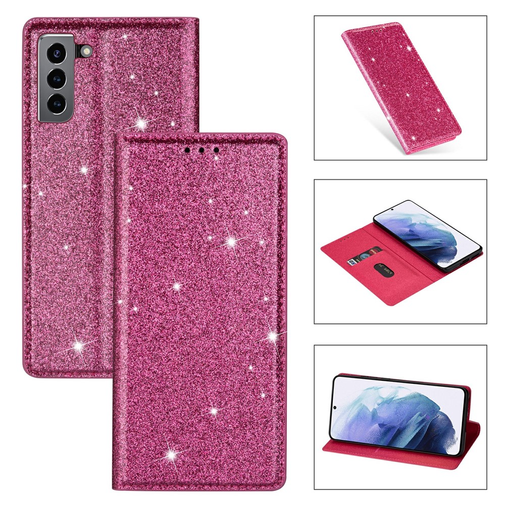 For Samsung Galaxy S21+ Flash Powder Auto-absorbed Ultra-thin Leather Stand Case - Rose-1