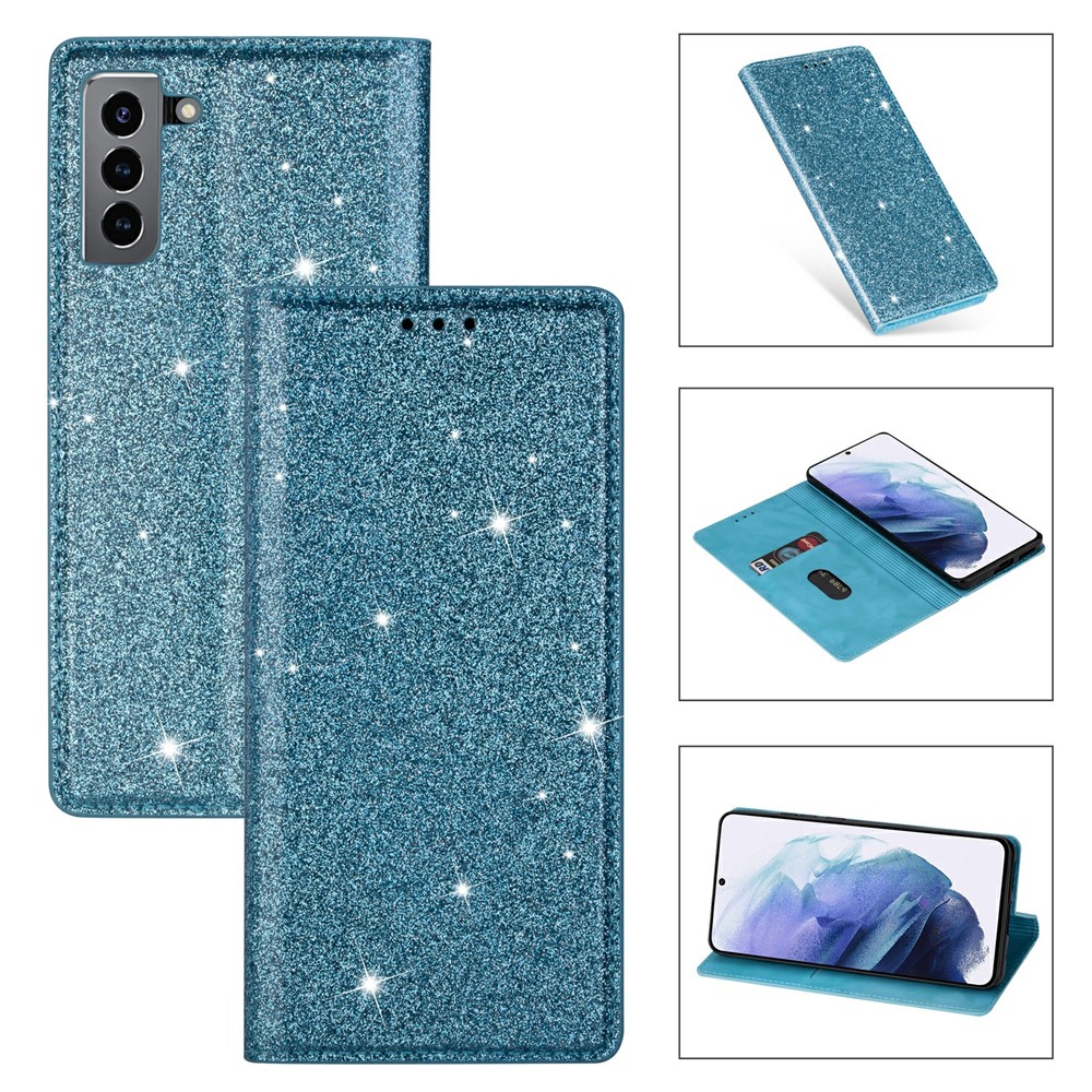 For Samsung Galaxy S21+ Flash Powder Auto-absorbed Ultra-thin Leather Stand Case - Green-1