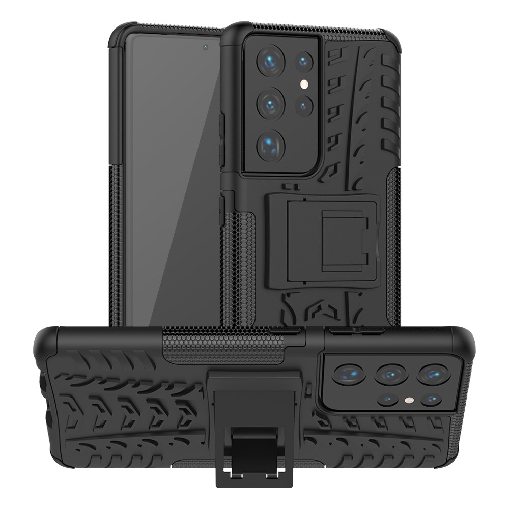 Foldable Kickstand for Samsung Galaxy S21 Ultra 5G Cool Tyre PC + TPU Hybrid Shell Case - Black-1