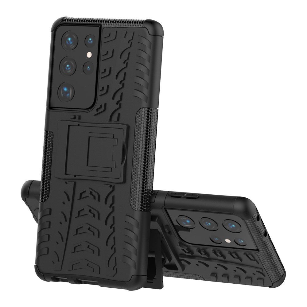 Складная Кишка Для Samsung Galaxy S21 Ultra 5g Cool Tire PC + TPU Гибридный Чехол - Чернить