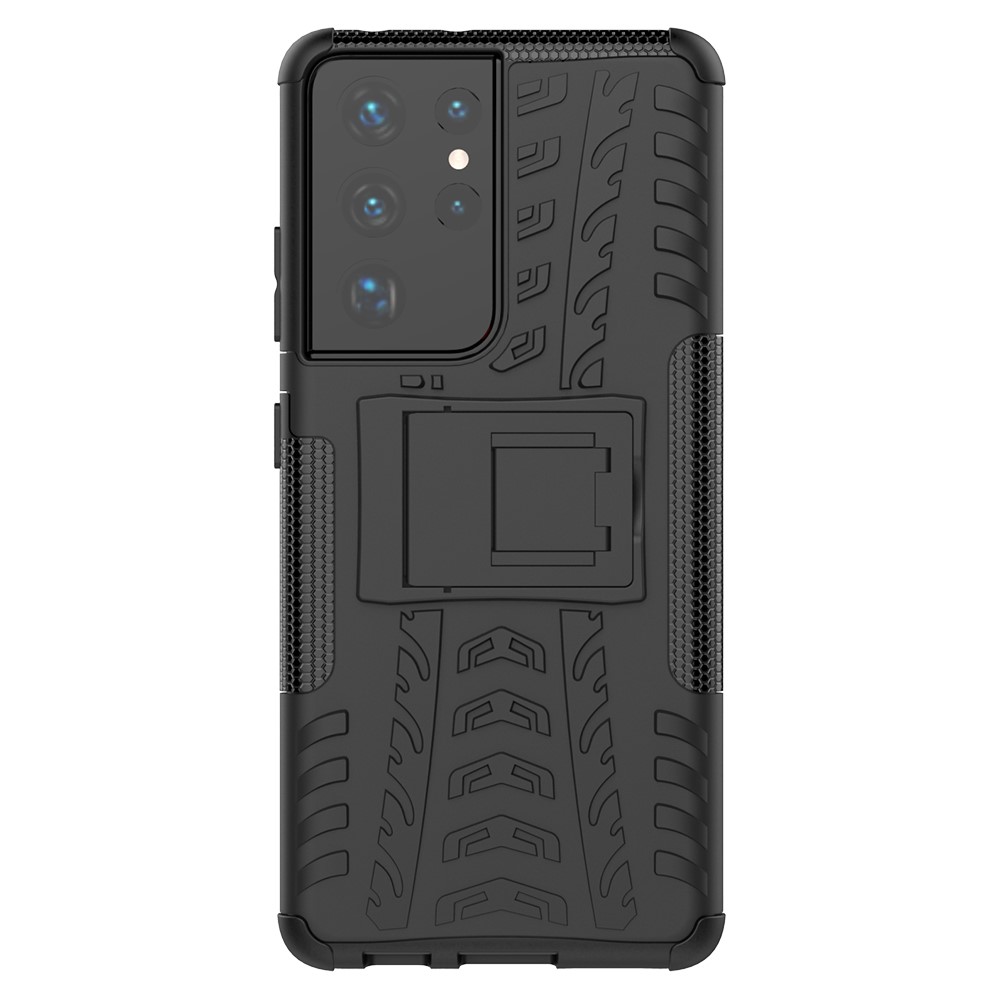 Складная Кишка Для Samsung Galaxy S21 Ultra 5g Cool Tire PC + TPU Гибридный Чехол - Чернить