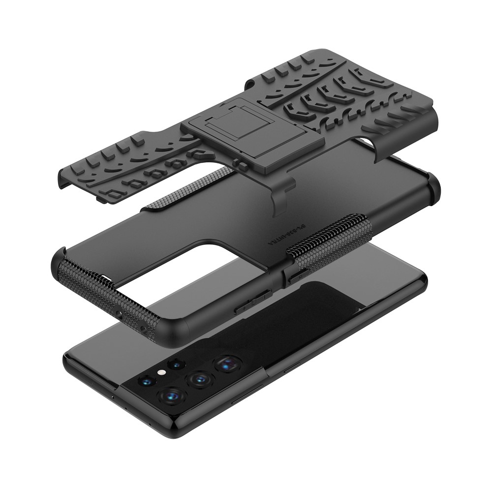 Kickstand Pieghevole Per Samsung Galaxy S21 Ultra 5G Cool Pneumatico PC + Custodia Per Shell Ibrida TPU - Nero