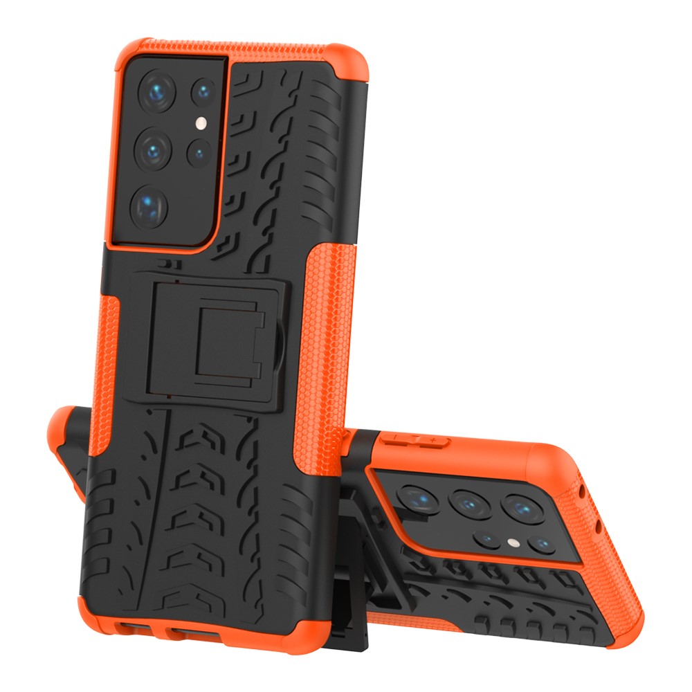 Kickstand Dobrável Para Samsung Galaxy S21 Ultra 5G Cool Pneu PC + Caixa De Shell Híbrida TPU - Laranja