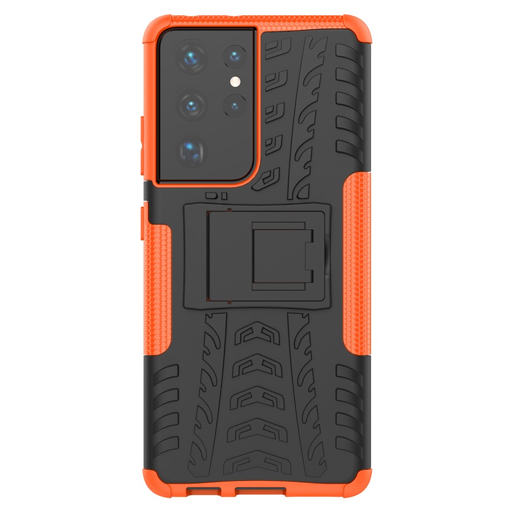 Foldable Kickstand for Samsung Galaxy S21 Ultra 5G Cool Tyre PC + TPU Hybrid Shell Case - Orange-3
