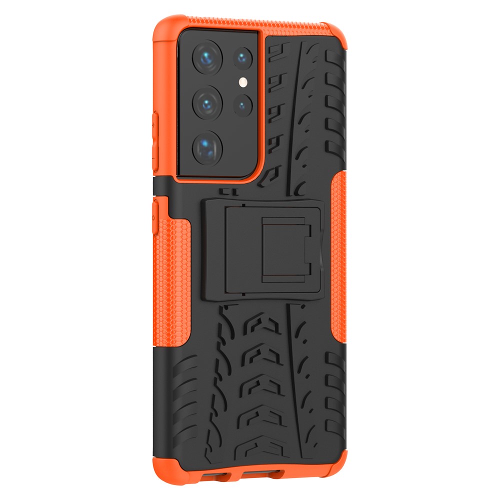 Faltbarer Kickstand Für Samsung Galaxy S21 Ultra 5G Cool Reifen PC + TPU Hybrid Shell Fall - Orange