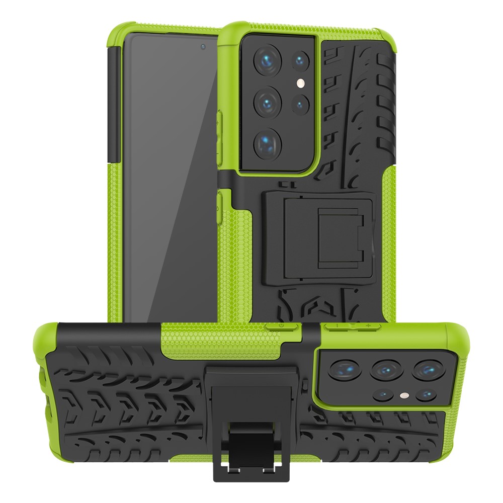 Foldable Kickstand for Samsung Galaxy S21 Ultra 5G Cool Tyre PC + TPU Hybrid Shell Case - Green-1