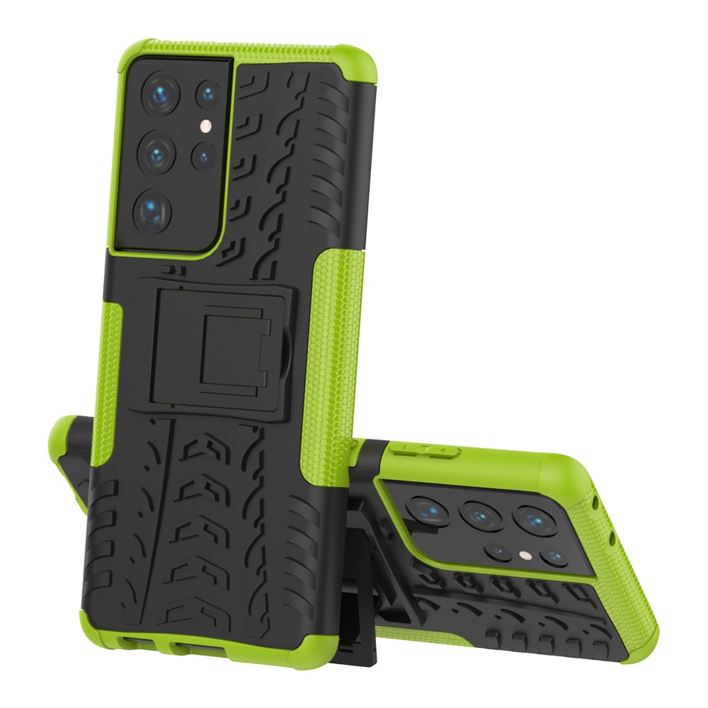 Foldable Kickstand for Samsung Galaxy S21 Ultra 5G Cool Tyre PC + TPU Hybrid Shell Case - Green-2