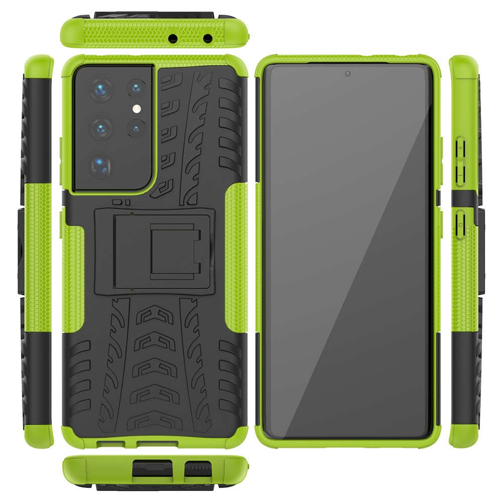 Foldable Kickstand for Samsung Galaxy S21 Ultra 5G Cool Tyre PC + TPU Hybrid Shell Case - Green-9