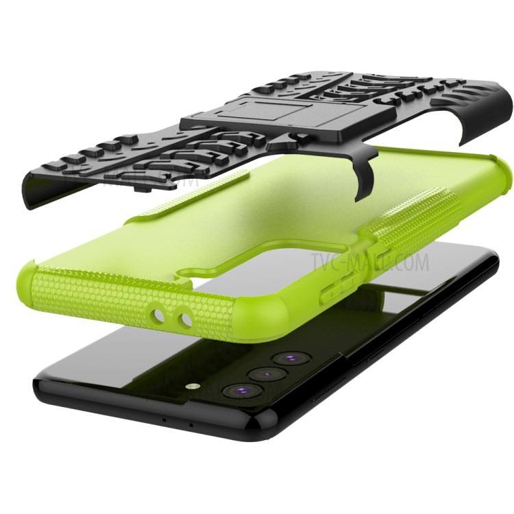 Foldable Kickstand Cool Tyre PC + TPU Hybrid Shell Case for Samsung Galaxy S21+ 5G - Green-7
