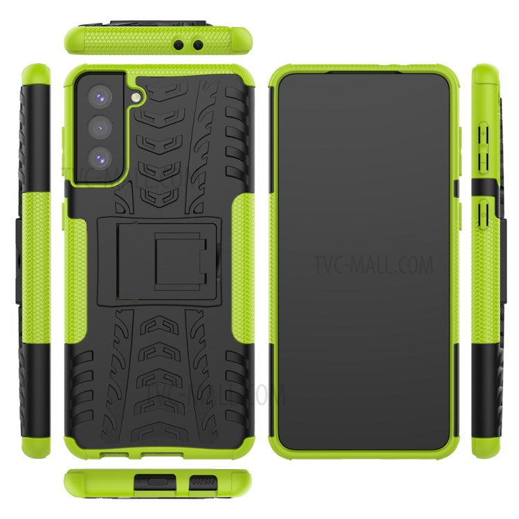 Foldable Kickstand Cool Tyre PC + TPU Hybrid Shell Case for Samsung Galaxy S21+ 5G - Green-9