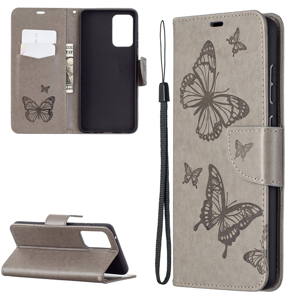 For Samsung Galaxy A72 5G Imprint Butterflies Wallet Stand Flip Leather Phone Shell - Grey-1