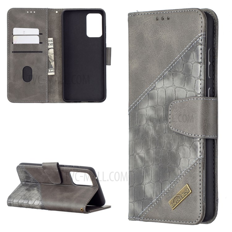BF04 Splicing Crocodile Texture Protector Wallet Stand Leather Case for Samsung Galaxy A72 5G - Grey-1