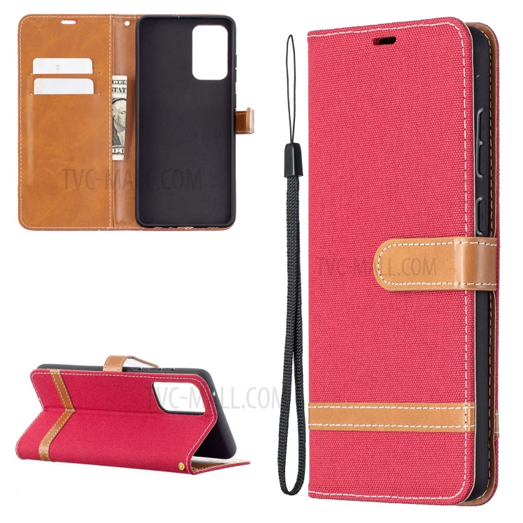 For Samsung Galaxy A72 5G Color Splicing Jeans Cloth Surface Wallet Leather Phone Cover - Red-1