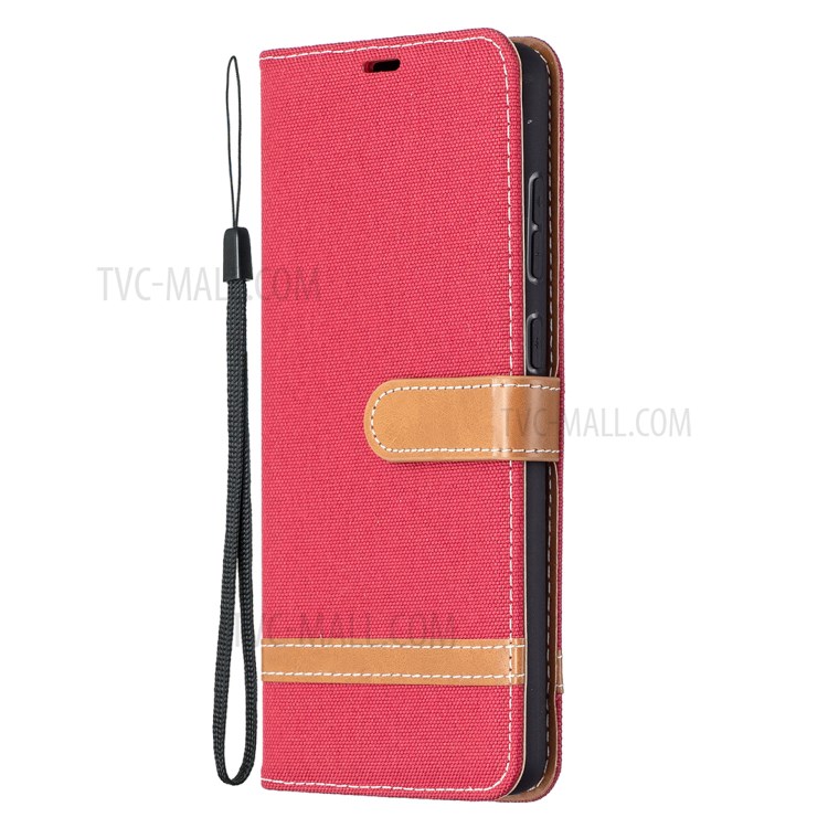 For Samsung Galaxy A72 5G Color Splicing Jeans Cloth Surface Wallet Leather Phone Cover - Red-2