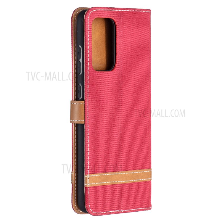 For Samsung Galaxy A72 5G Color Splicing Jeans Cloth Surface Wallet Leather Phone Cover - Red-3