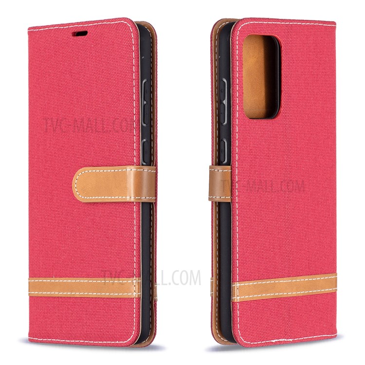 For Samsung Galaxy A72 5G Color Splicing Jeans Cloth Surface Wallet Leather Phone Cover - Red-4
