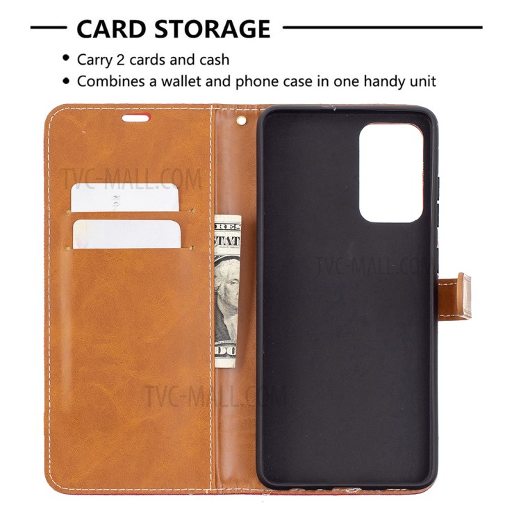 For Samsung Galaxy A72 5G Color Splicing Jeans Cloth Surface Wallet Leather Phone Cover - Red-6