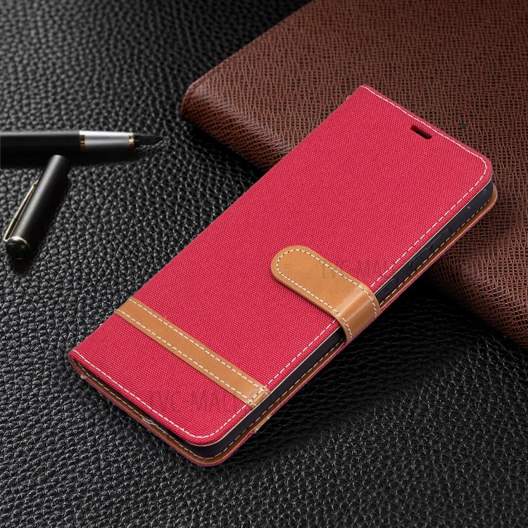 For Samsung Galaxy A72 5G Color Splicing Jeans Cloth Surface Wallet Leather Phone Cover - Red-7