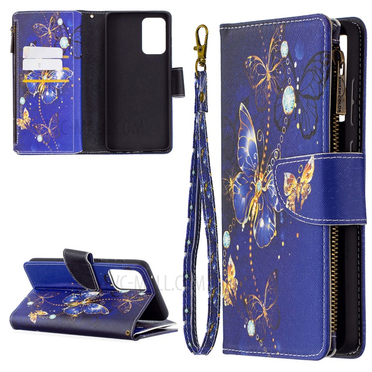 BF03 Zipper Wallet Pattern Printing Leather Phone Case for Samsung Galaxy A72 5G - Gold Butterfly-1