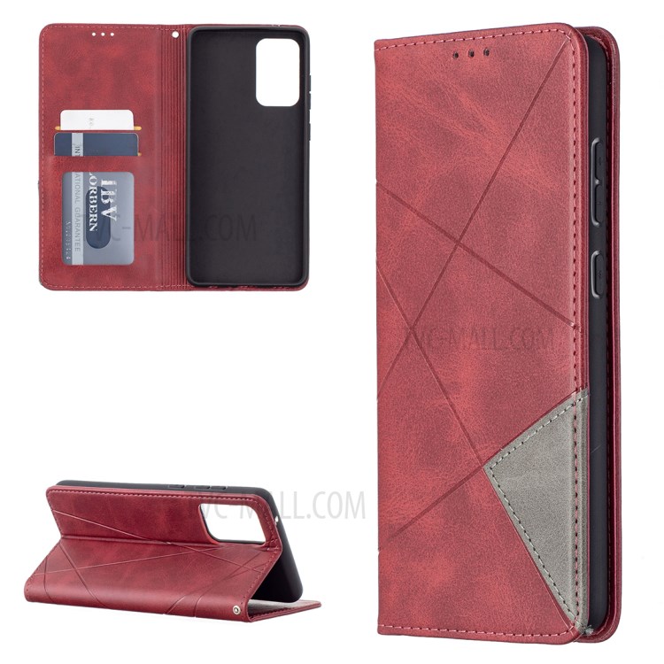 For Samsung Galaxy A72 5G Geometric Pattern Leather Stand Case Card Holder Shell - Red-1