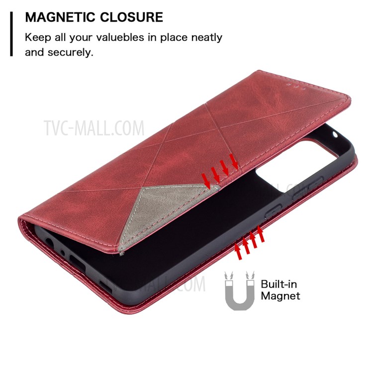 For Samsung Galaxy A72 5G Geometric Pattern Leather Stand Case Card Holder Shell - Red-6