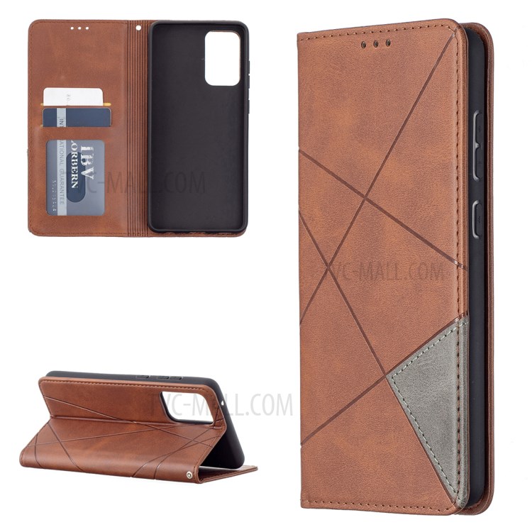 For Samsung Galaxy A72 5G Geometric Pattern Leather Stand Case Card Holder Shell - Coffee-1