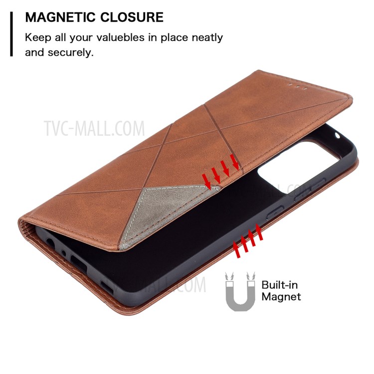 For Samsung Galaxy A72 5G Geometric Pattern Leather Stand Case Card Holder Shell - Coffee-6