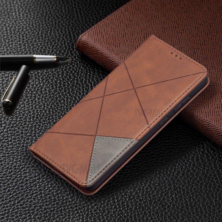 For Samsung Galaxy A72 5G Geometric Pattern Leather Stand Case Card Holder Shell - Coffee-8