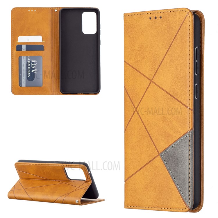 For Samsung Galaxy A72 5G Geometric Pattern Leather Stand Case Card Holder Shell - Brown-1