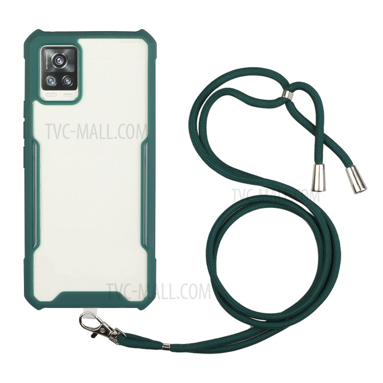Acrylic+TPU Shockproof Phone Case with Strap for Samsung Galaxy A72 5G - Dark Green-1