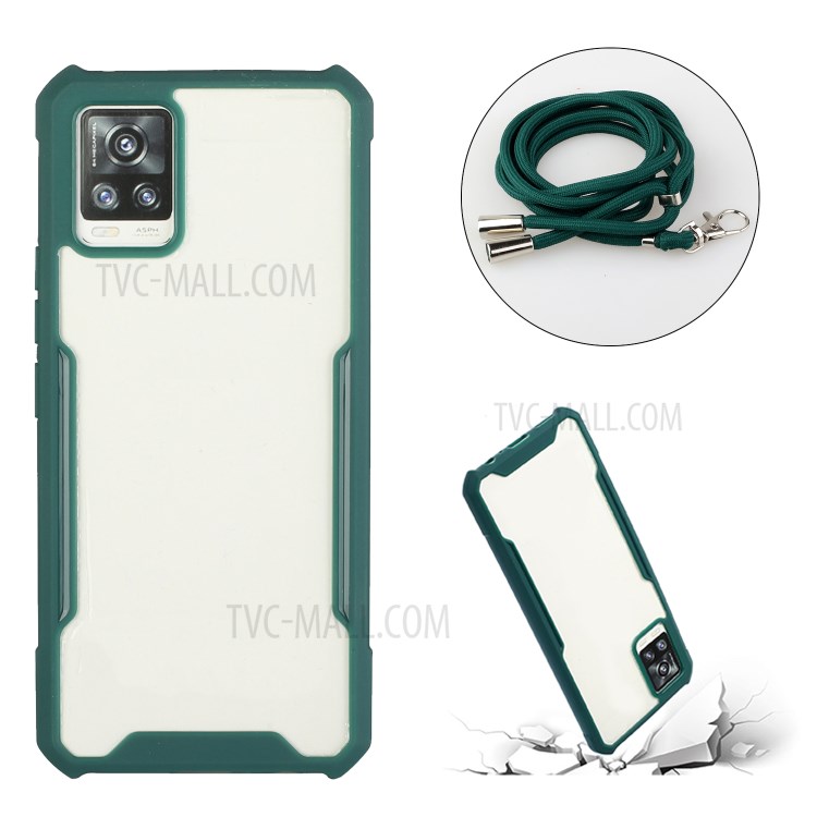 Acrylic+TPU Shockproof Phone Case with Strap for Samsung Galaxy A72 5G - Dark Green-2