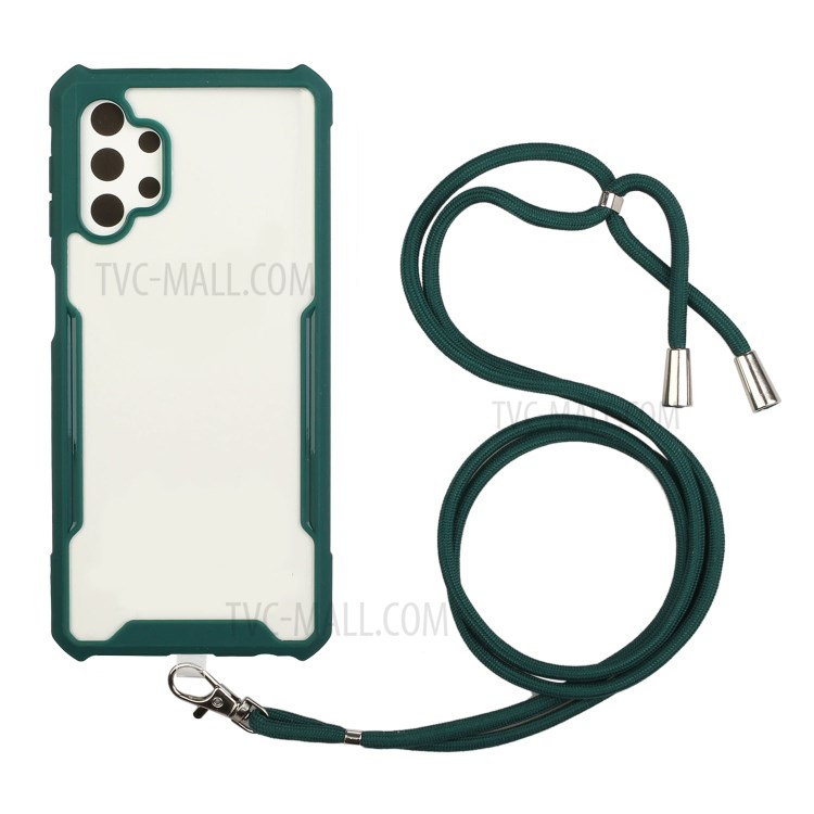 Acrylic+TPU Shockproof Phone Case with Strap for Samsung Galaxy A32 5G - Dark Green-1