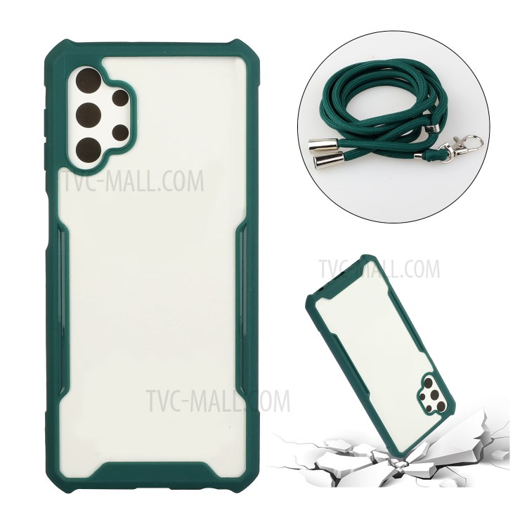 Acrylic+TPU Shockproof Phone Case with Strap for Samsung Galaxy A32 5G - Dark Green-2