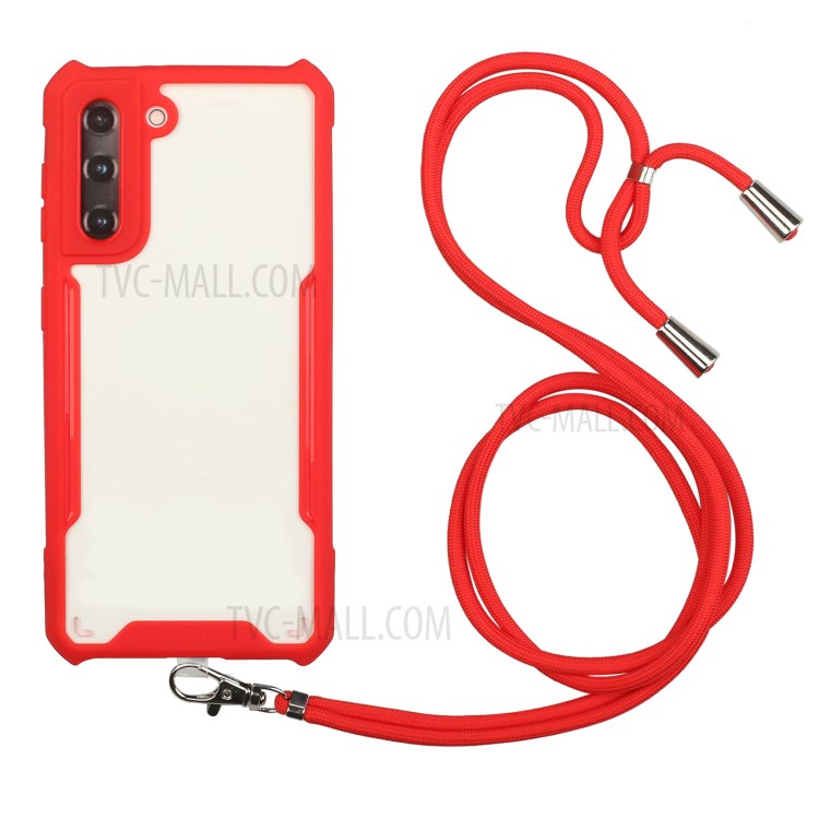 Acrylic+TPU Shockproof Phone Protective Case with Strap for Samsung Galaxy S21 5G - Red-1