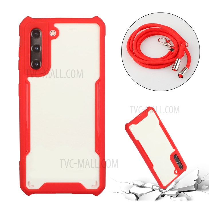 Acrylic+TPU Shockproof Phone Protective Case with Strap for Samsung Galaxy S21 5G - Red-2