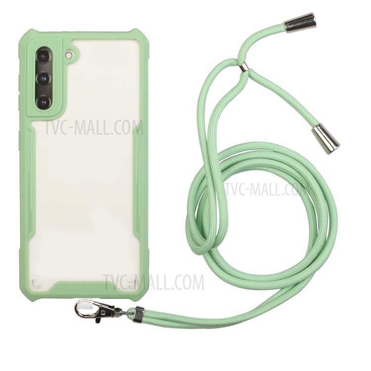 Acrylic+TPU Shockproof Phone Protective Case with Strap for Samsung Galaxy S21 5G - Light Green-1