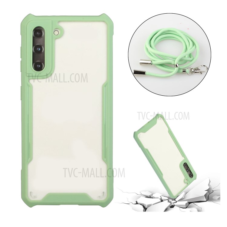 Acrylic+TPU Shockproof Phone Protective Case with Strap for Samsung Galaxy S21 5G - Light Green-2